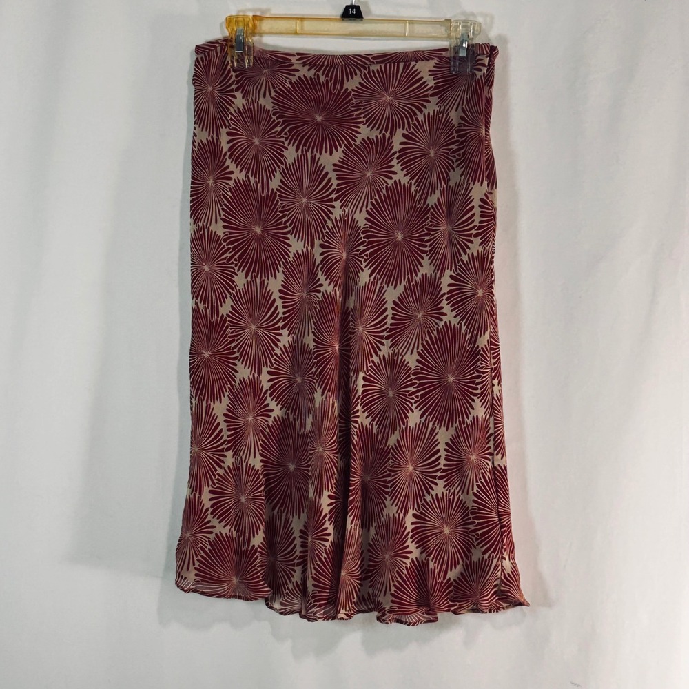 Rafaella Silk Midi Skirt Red Cream Floral Sunburst Print Size 10